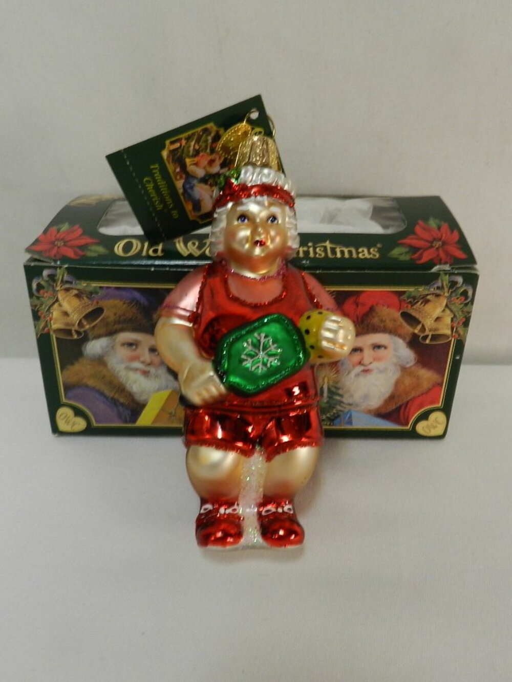 Old World Mrs. Claus Pickleball Christmas blown glass ornament Handmade NEW NIB